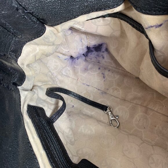 MICHAEL KORS Hamilton Black Leather Shoulder Handbag Silver Tone Lock/Key FLAW - Picture 11 of 13